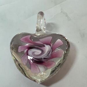 Art Glass Heart Pendant w/ Purple Lampwork Flower | Studio Glass Statement